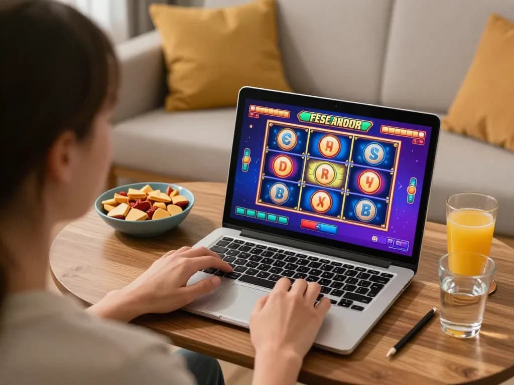Engaged player enjoying LC88 online gaming experience at home with vibrant slot graphics