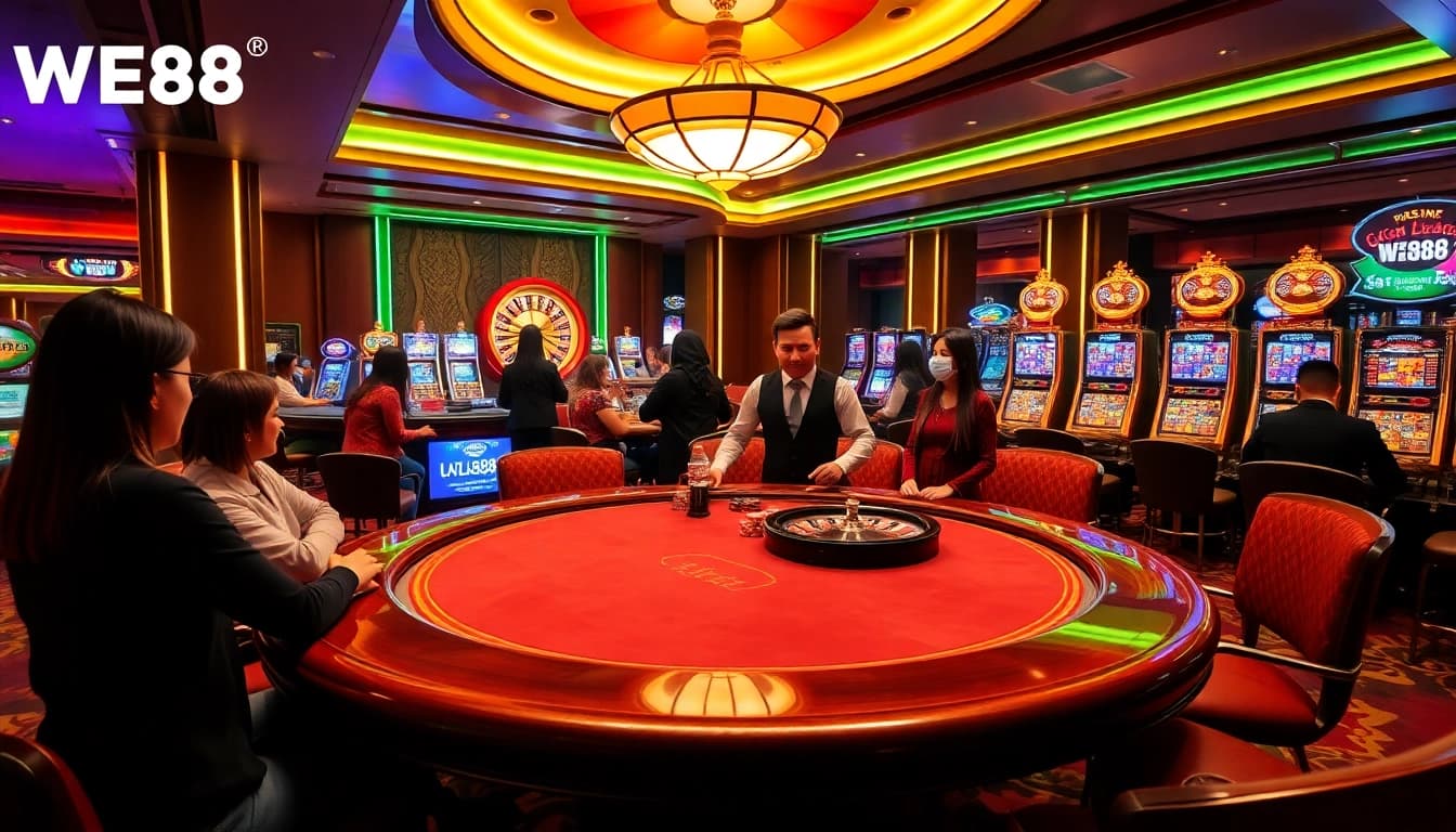 Exciting gaming experience at WE88 Casino with vibrant roulette wheel and attentive dealer.