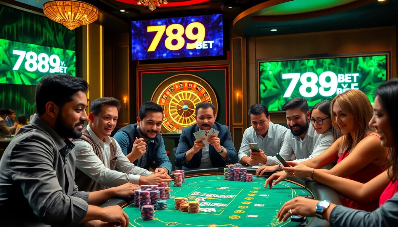 Players enjoying a high-stakes game at a casino table featuring 789BET branding and vibrant atmosphere.