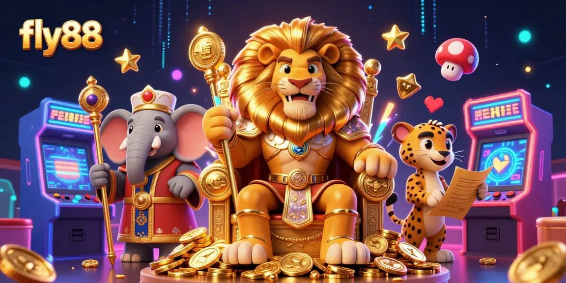 Experience thrilling gameplay at fly88 with animated lions and vibrant casino features aesthetically designed.