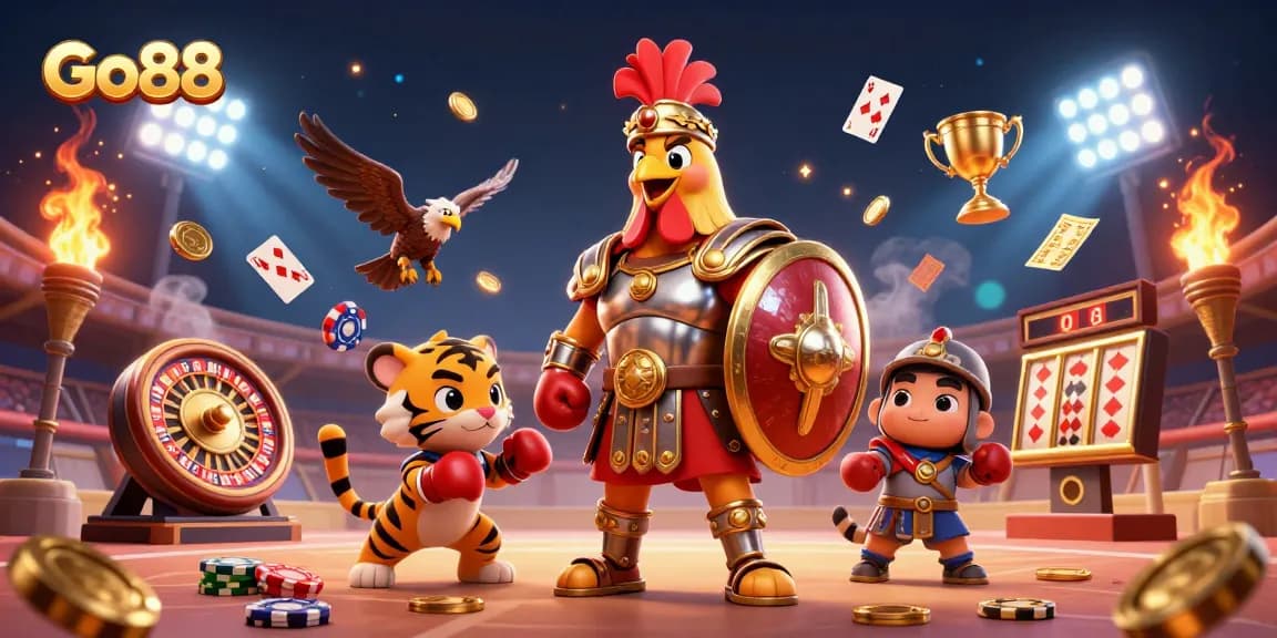 Experience thrilling gameplay at Go88 with an energetic scene blending gladiatorial and casino elements.