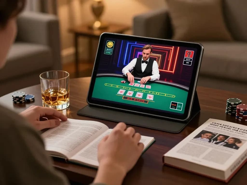 Hitclub player enjoying a live dealer game in a cozy home setting while studying strategy.
