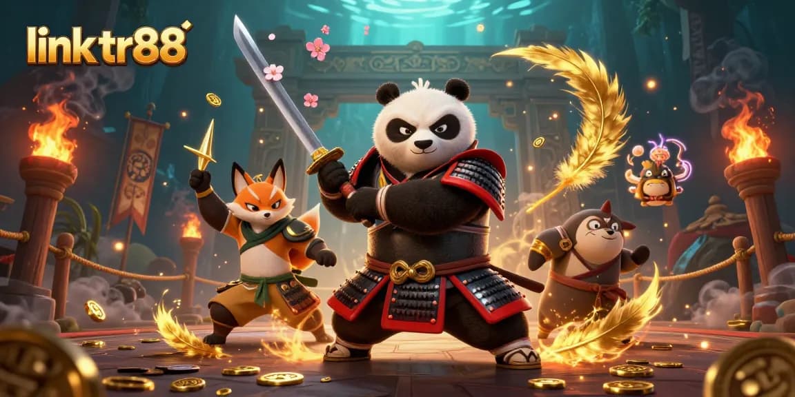 Experience the thrill of online betting with link tr88 in a vibrant 3D casino illustration featuring samurai panda and ninja.