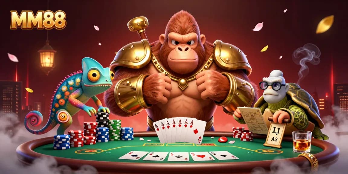 Engage with MM88's vibrant casino world showcasing a gorilla king, chameleon spy, and tortoise elder in an action-packed poker scene.