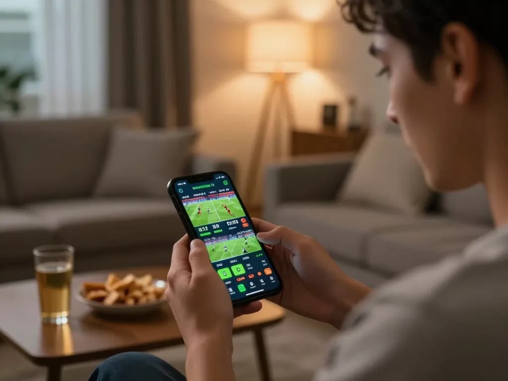 Engaged user placing bets on 7M sports betting app in a cozy living room setting.