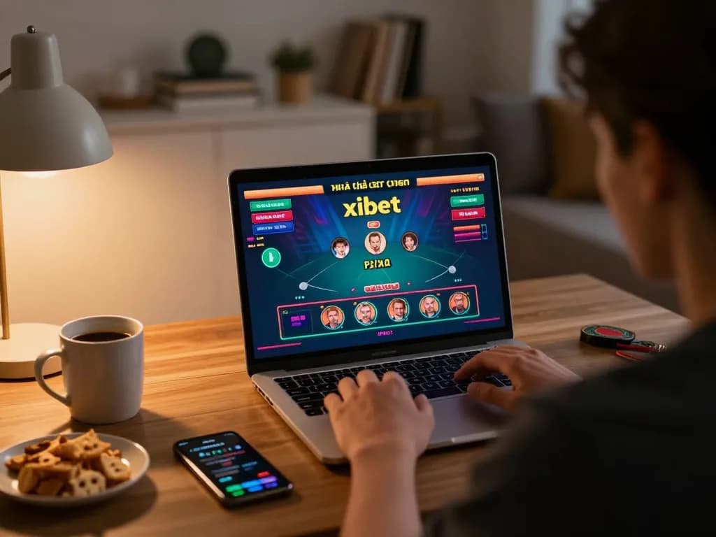 Engaged player enjoying online gaming at nhà cái xibet, highlighting vibrant betting interface and cozy home atmosphere.