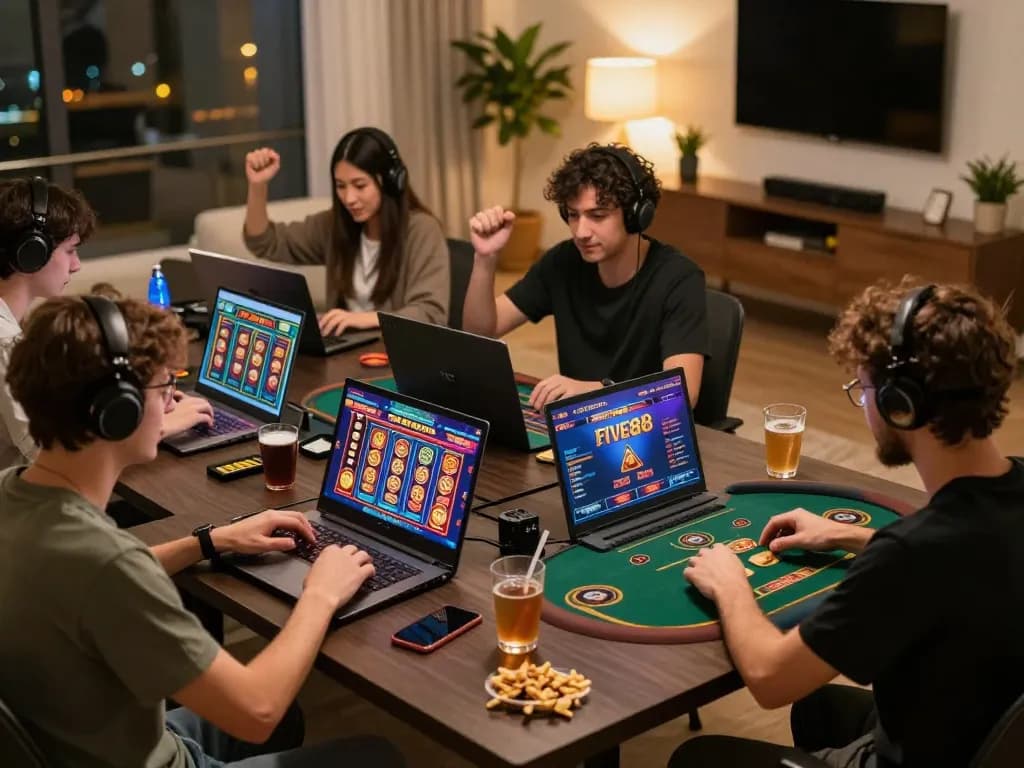 Engaged players celebrating wins while gaming at Five88 online casino in a cozy home atmosphere.