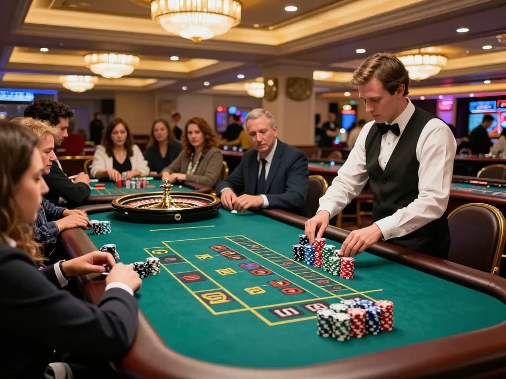Exciting players at roulette table in upscale casino atmosphere showcasing hm88 com vn betting thrills.