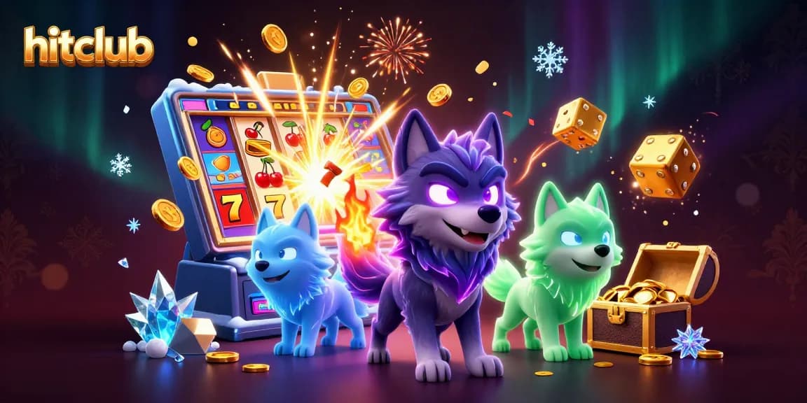 Hitclub jackpot scene with glowing wolves, slot machine, and overflowing treasure chest bursting with winnings.