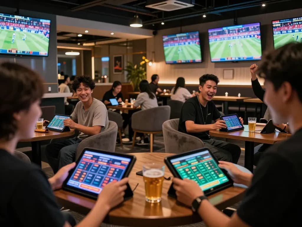 FLY88 players engaging with sports betting screens in a lively lounge atmosphere