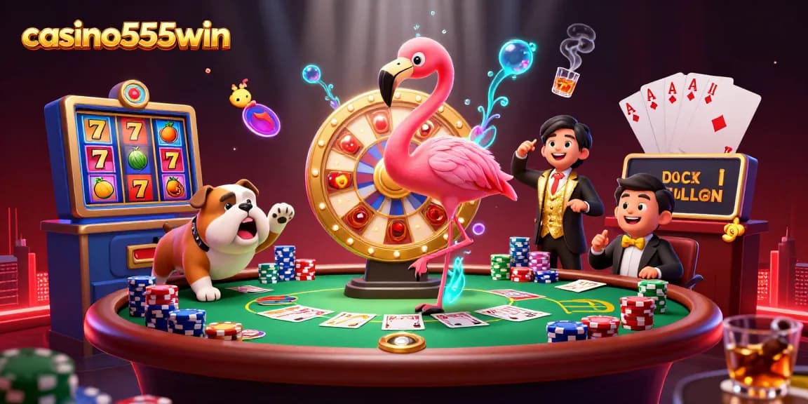 Experience thrilling moments at casino555win with colorful slot reels and cheerful characters amidst a vibrant casino scene.