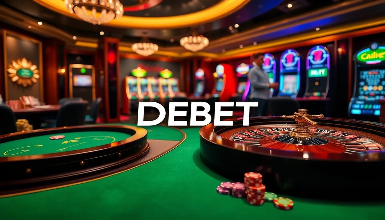 Engaging casino atmosphere showcasing DEBET gaming excitement with roulette, poker, and vibrant slots.