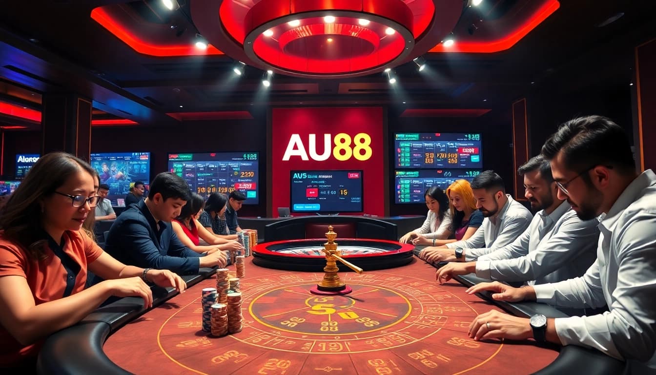 Experience the excitement at AU88's gaming table with dealers and players engaged in thrilling action.