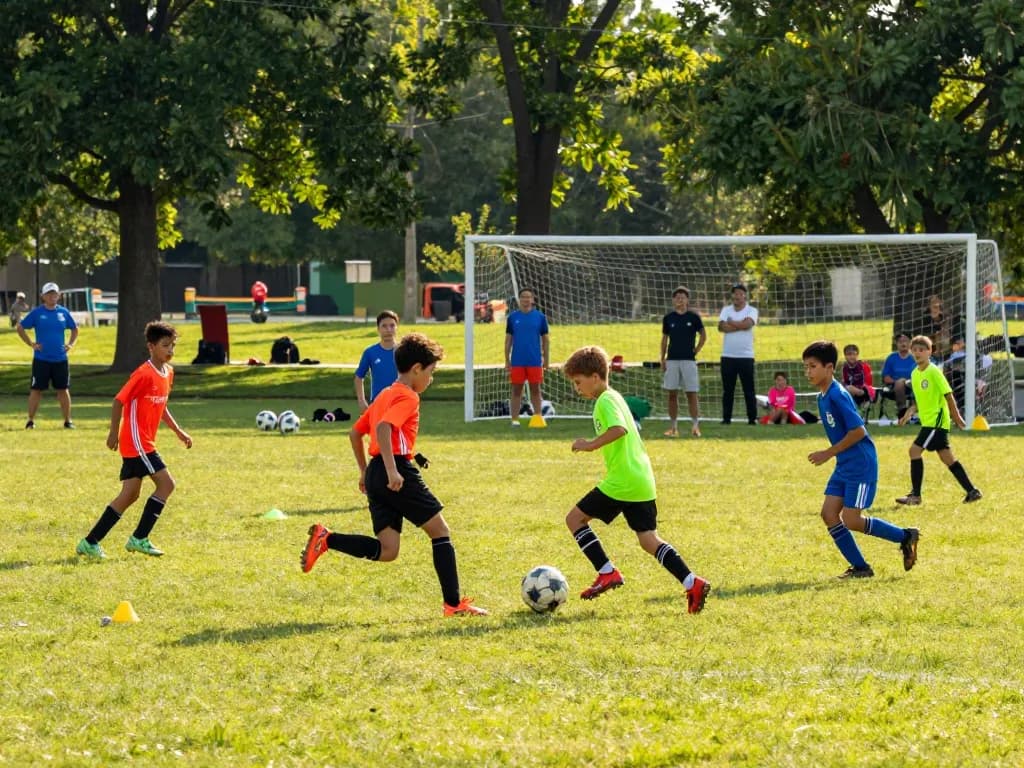 Exciting soccer match showcasing expert soccer tips in action, players competing energetically on the field.