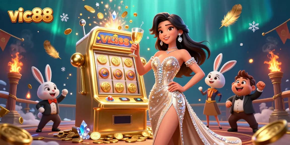 Celebrate wins with vic88, featuring a glamorous woman and golden jackpot slot machine.