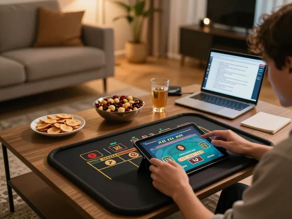 Engaging in tài xỉu online gameplay on a tablet, set in a cozy living room with strategic notes visible.