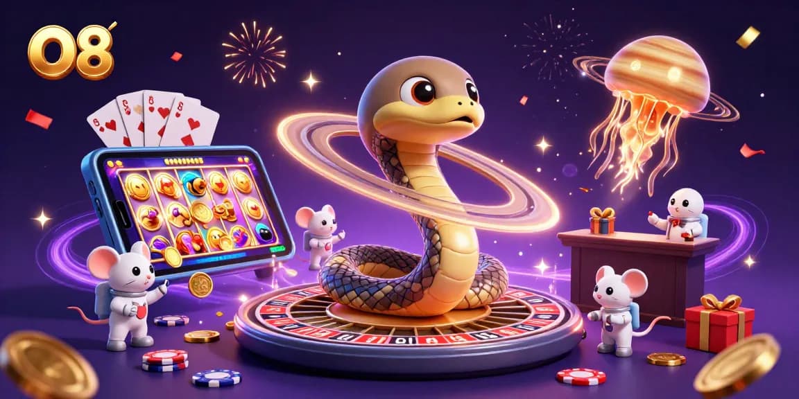 Place bets at O8 with a 3D illustration showing the cosmic dealer and engaging casino elements.