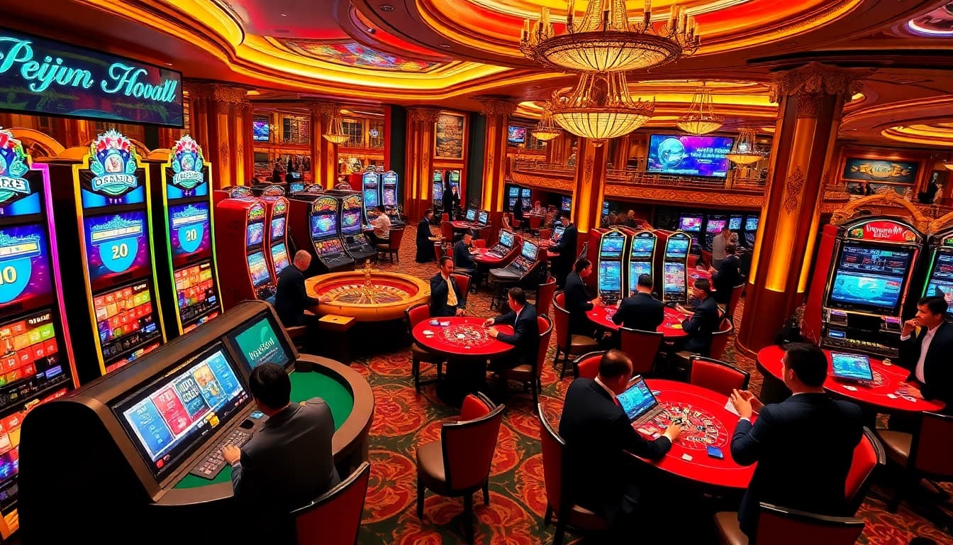 Excited players enjoying the premium casino experience at https://c168game.com/ with vibrant slot machines and poker tables.
