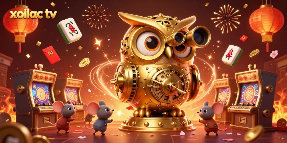 Xoilac TV reveals an exciting casino floor scene filled with golden owls and slot machines.