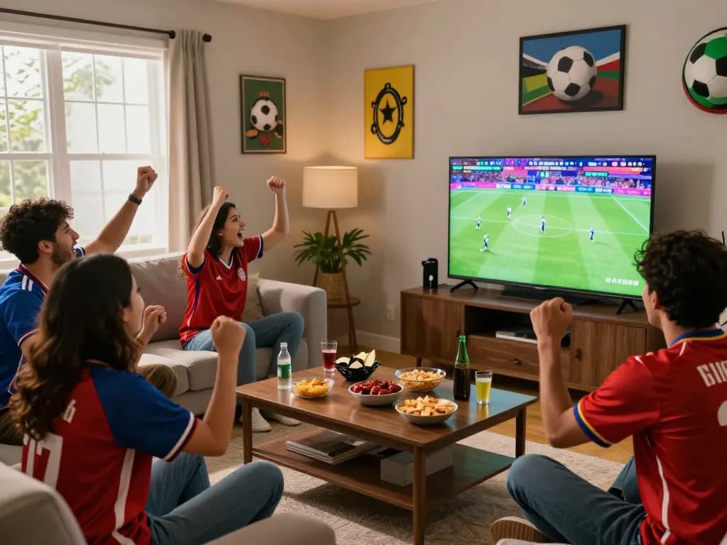 Friends enjoying Okwintv live football match in a cozy setting with snacks and team jerseys.