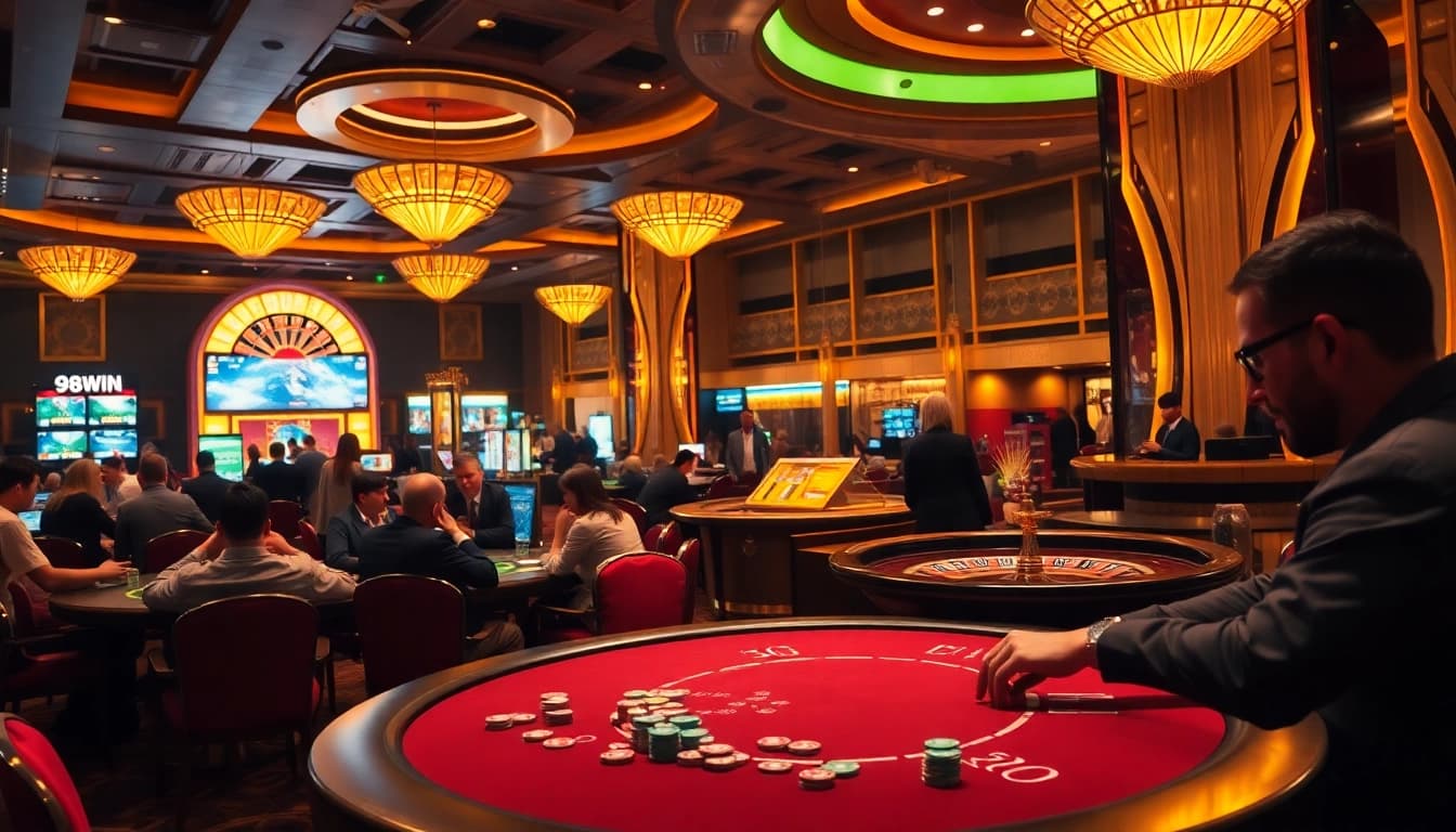 Experience the thrilling atmosphere of 98WIN's casino with active players and vibrant gaming tables.