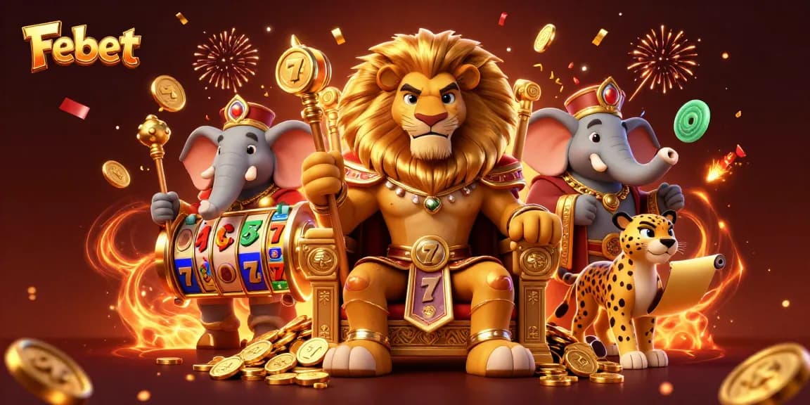 Experience thrilling gameplay at Febet with a lion king on a throne, surrounded by slot elements and celebratory effects.