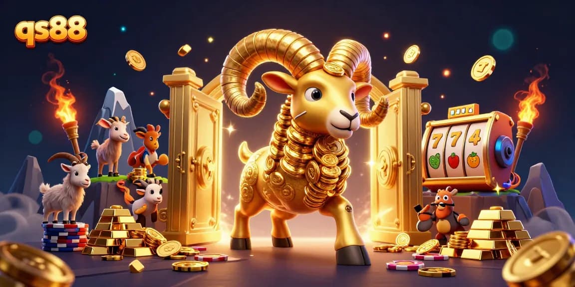 Join the excitement at qs88's casino with a golden ram charging through lavish gaming symbols.