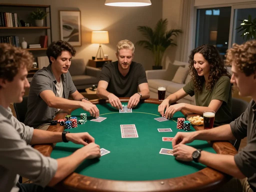 mm88 players enjoying an engaging poker night in a cozy, well-decorated gaming room