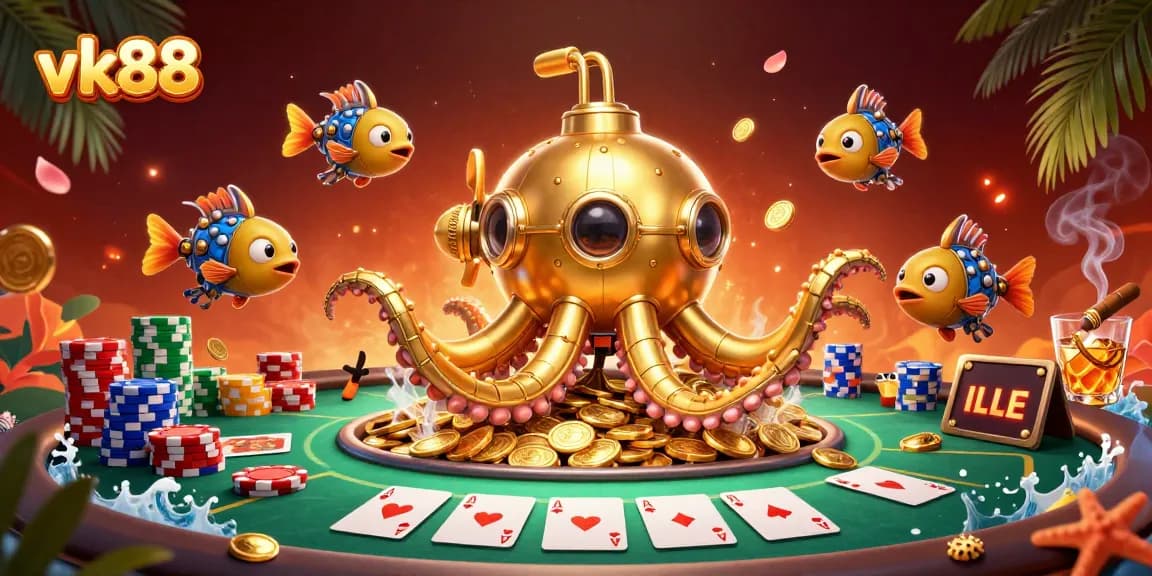 Engage with vk88's exciting gambling atmosphere featuring a playful kraken and dynamic casino elements.