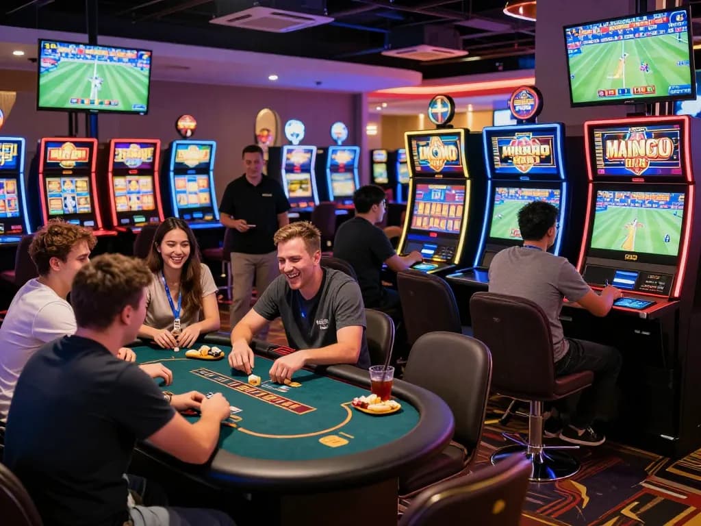 Luck8 casino experience with diverse games, vibrant atmosphere, and engaged players.