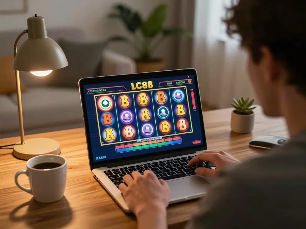 Player enjoying an exciting LC88 online slot game at home while sipping coffee