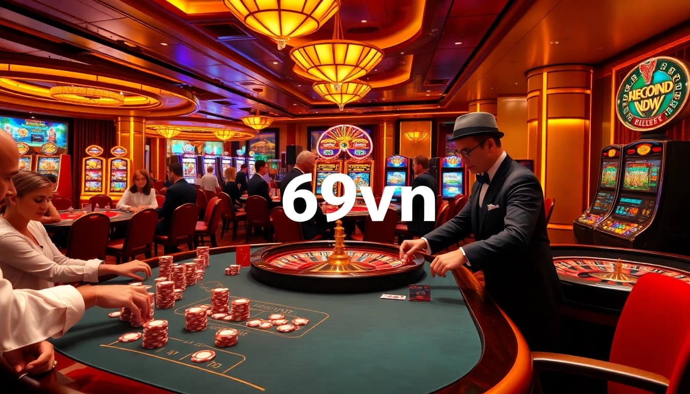 Exciting high-stakes gambling scene at 69vn casino with poker, roulette, and slot machines.