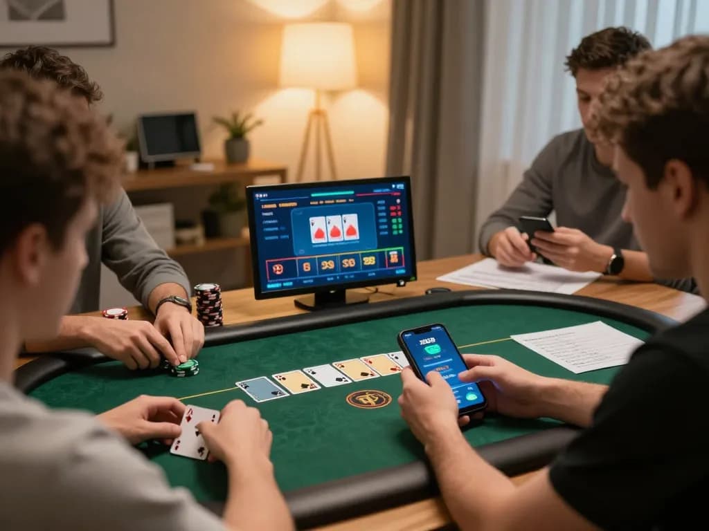 Players enjoying poker on XO88 app in a cozy home office setting, showcasing engaging online gambling experience