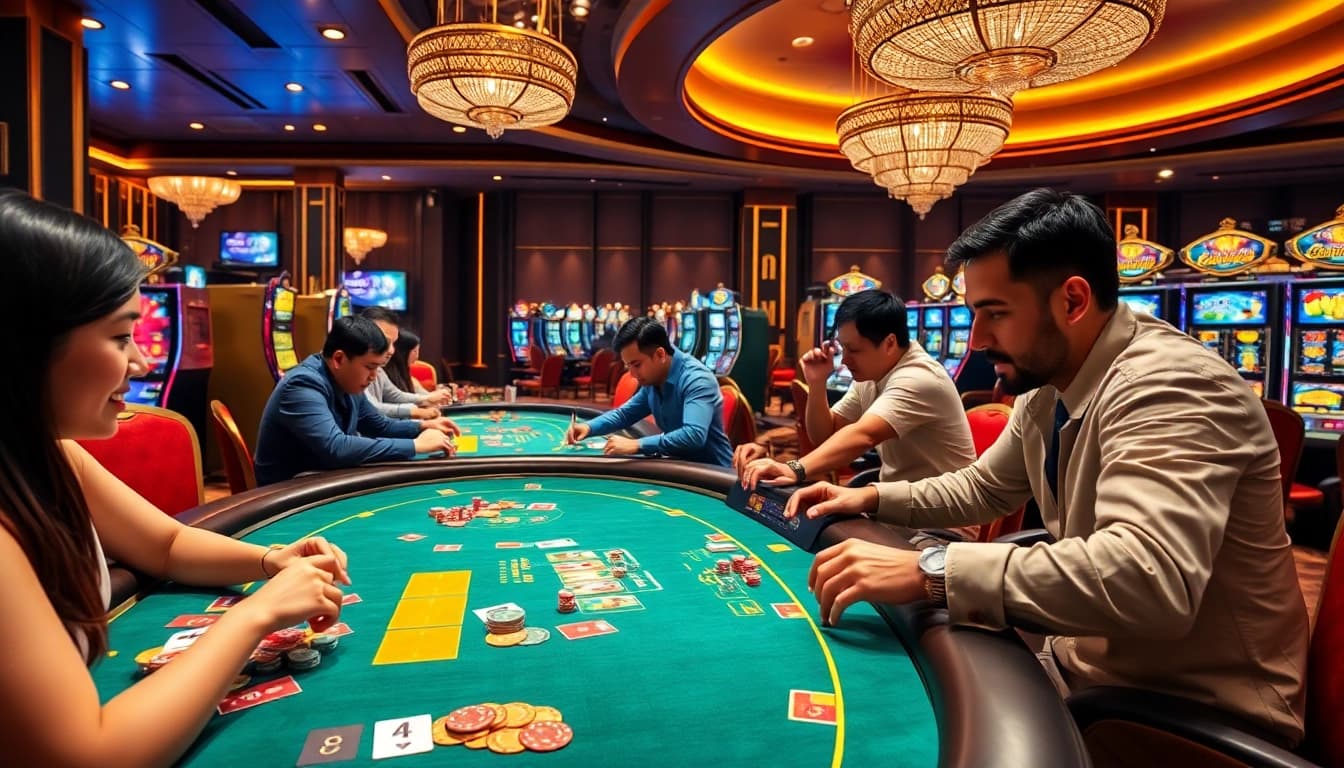 NK88 casino gaming scene showcasing players at tables, vibrant slot machines, and high-tech interfaces