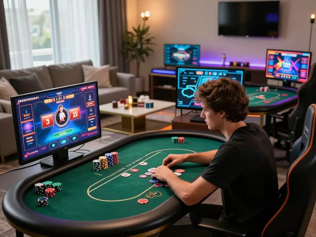 Intense poker gameplay on fabet1 online casino site, showcasing vibrant graphics and focused player interaction.