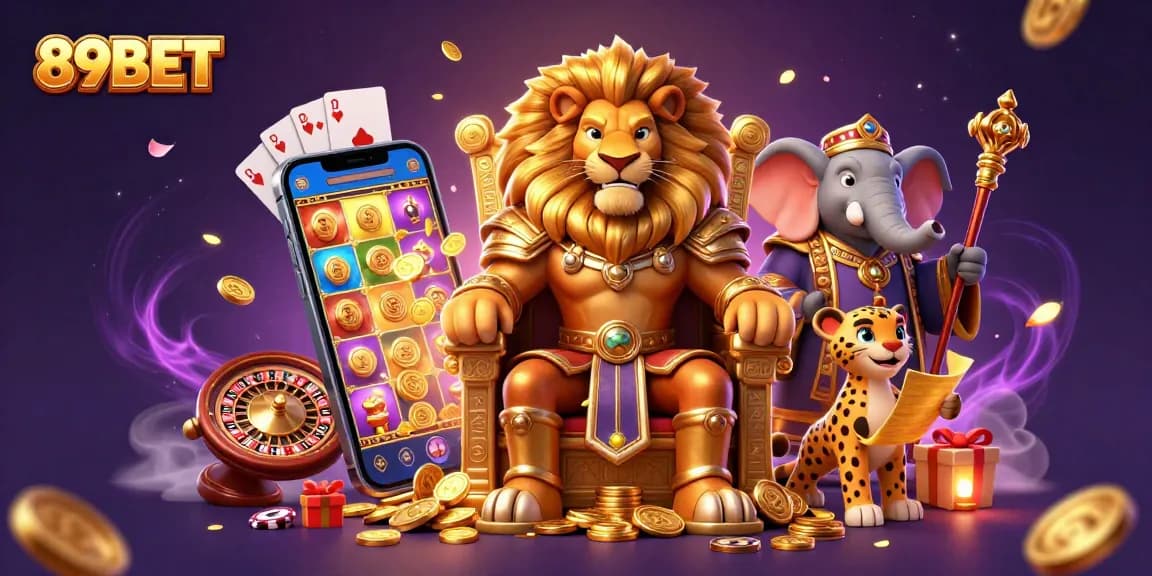 Experience the thrill of 89BET with an engaging casino scene featuring vibrant game elements and characters.