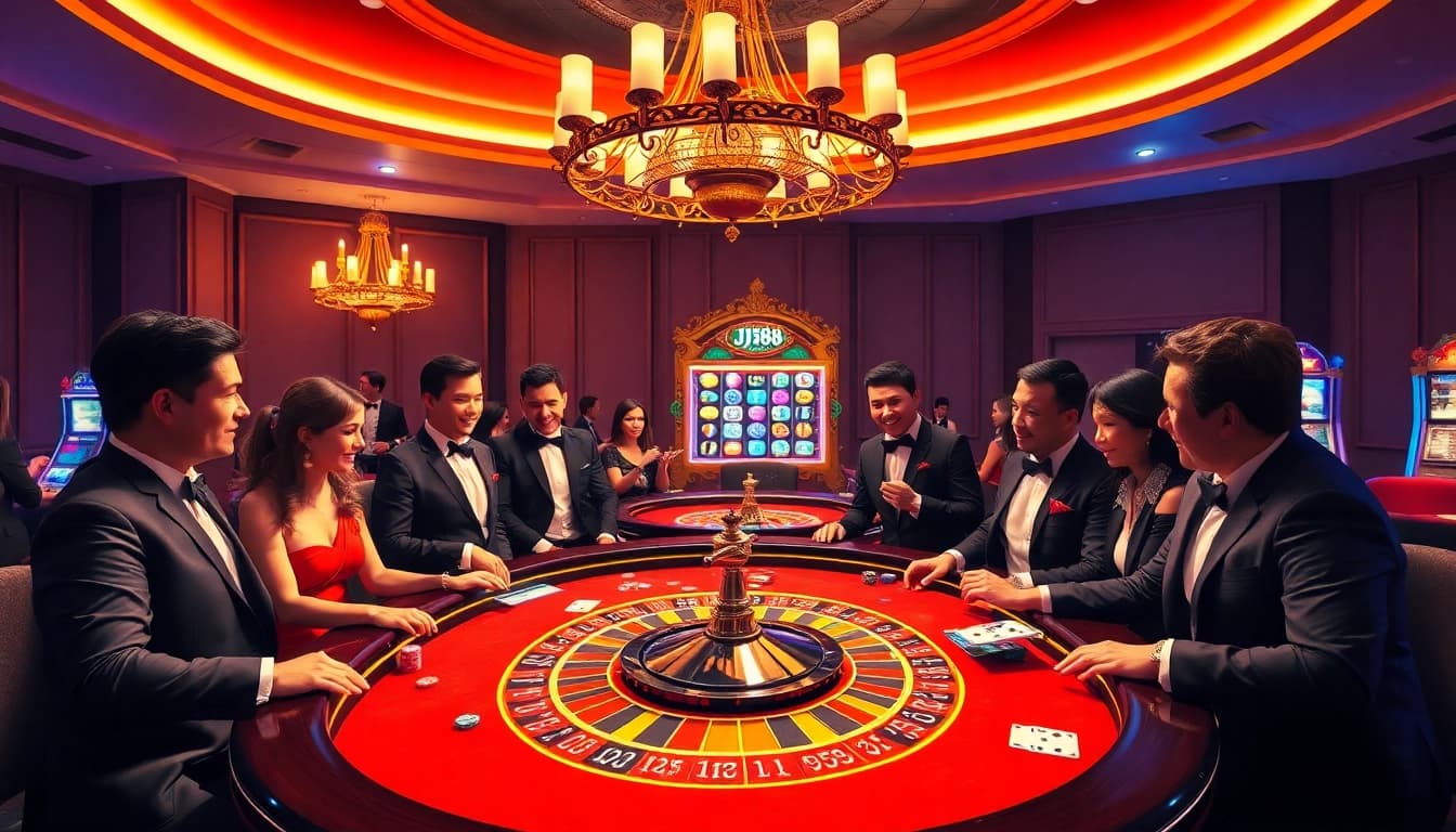 Experience the thrill of BJ88 casino with excited gamblers at roulette and blackjack tables.