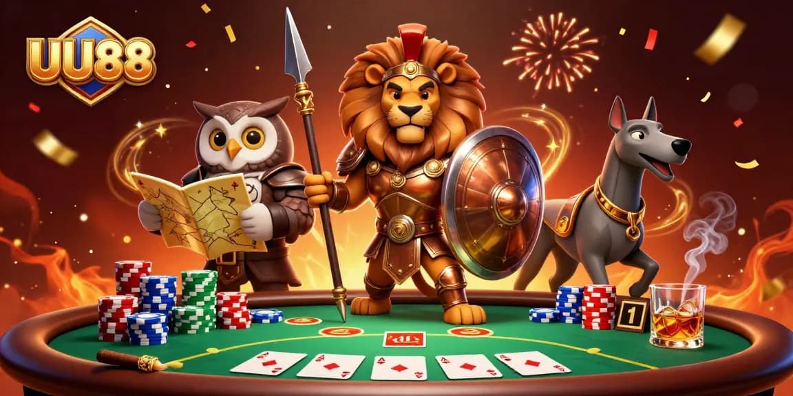 Engage with UU88's vibrant casino action featuring a Spartan lion and layers of poker elements.