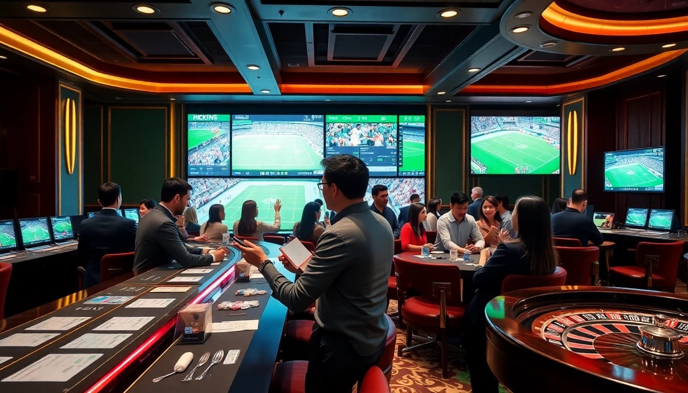 Exciting Thể thao rikbet sports betting scene with vibrant atmosphere and professional gamblers.