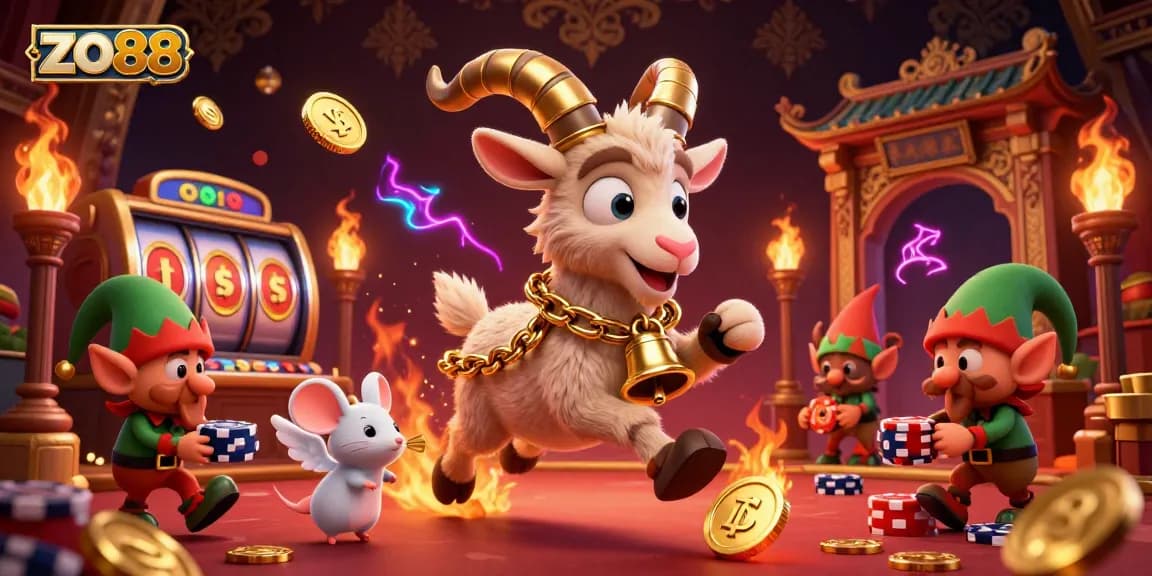 Join the festive action at zo88's horror casino, featuring magical characters amidst swirling golden coins and vibrant game elements.