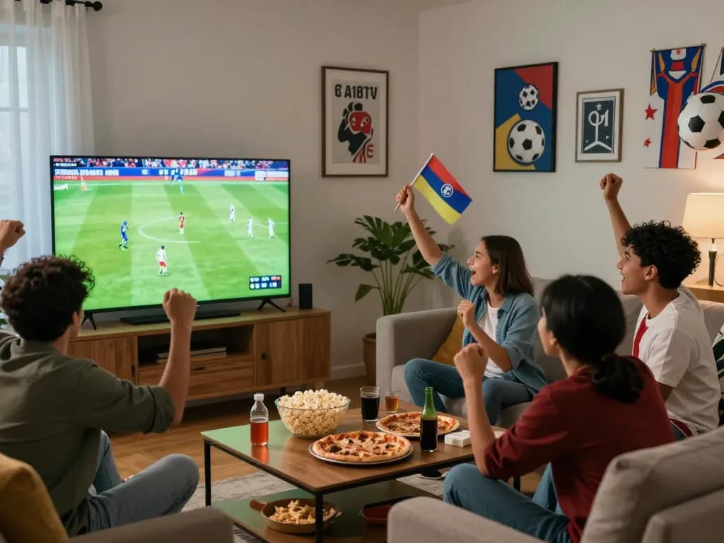 Friends enjoying live football match on Cakhiatv, celebrating with snacks in a cozy living room.