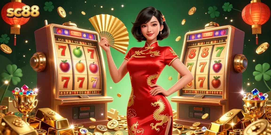 Spin the reels for thrilling wins at sc88, featuring vibrant slot machines and treasure in a captivating casino scene.