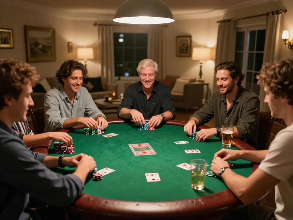 Friends enjoying an engaging poker night at home, showcasing hb88 gaming strategy with chips and cards.