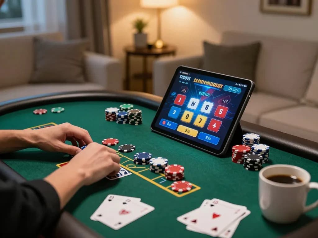 Engaged player enjoying vin777 blackjack on tablet at home, showcasing strategic gaming environment.