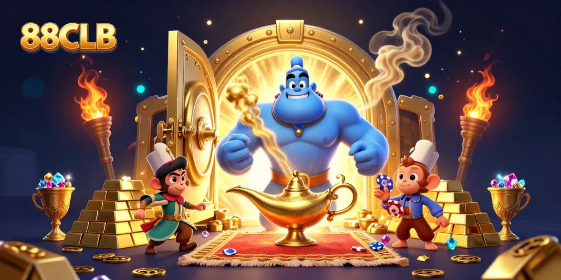 Engage with 88CLB's rich casino world featuring a genie, treasure galore, and gaming excitement.