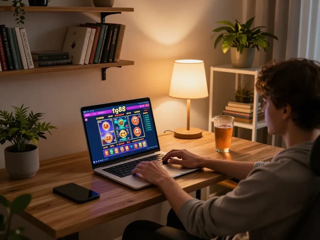 Engaging in tg88 online casino gameplay with vibrant graphics on a sleek laptop setup.