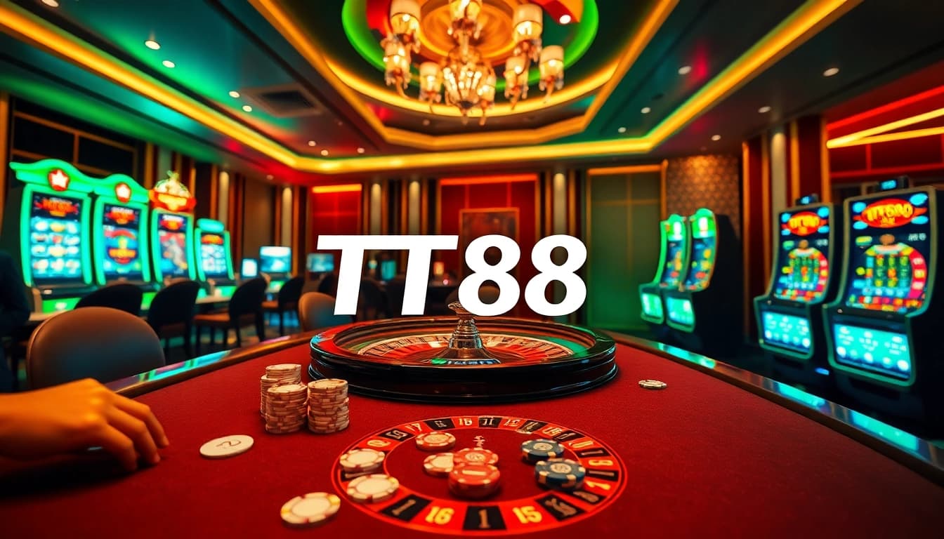 TT88 branding featured in a vibrant, upscale casino scene with poker chips and slot machines.
