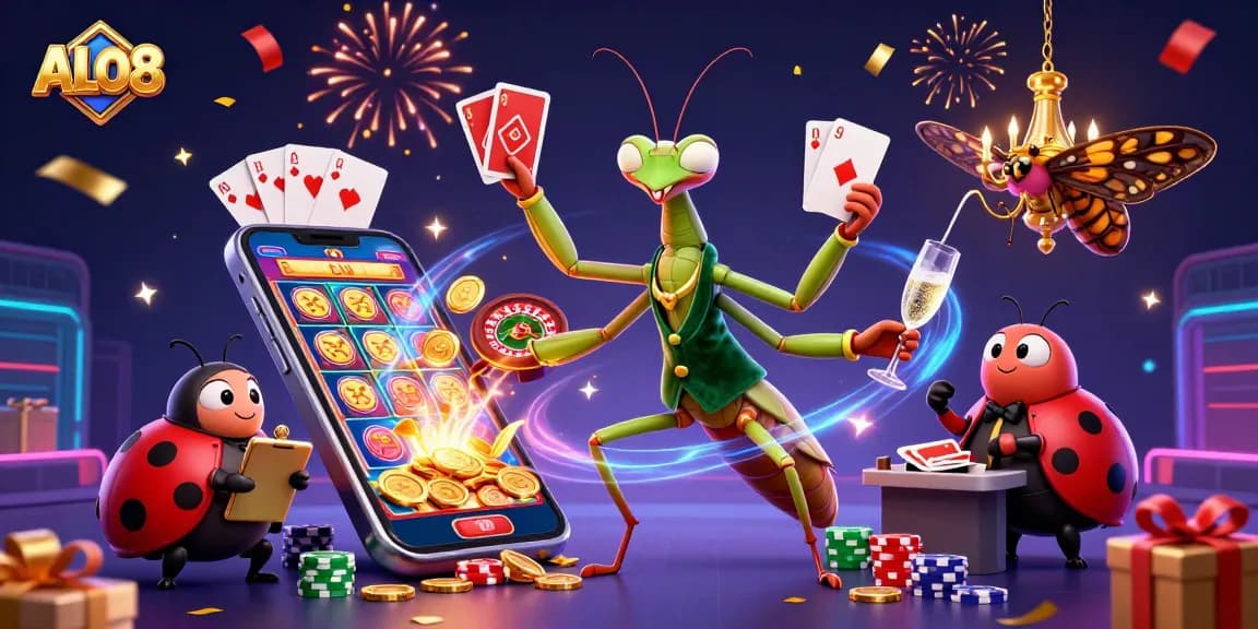 Experience thrilling action at ALO8 with giant mantis card sharp and vibrant casino elements.