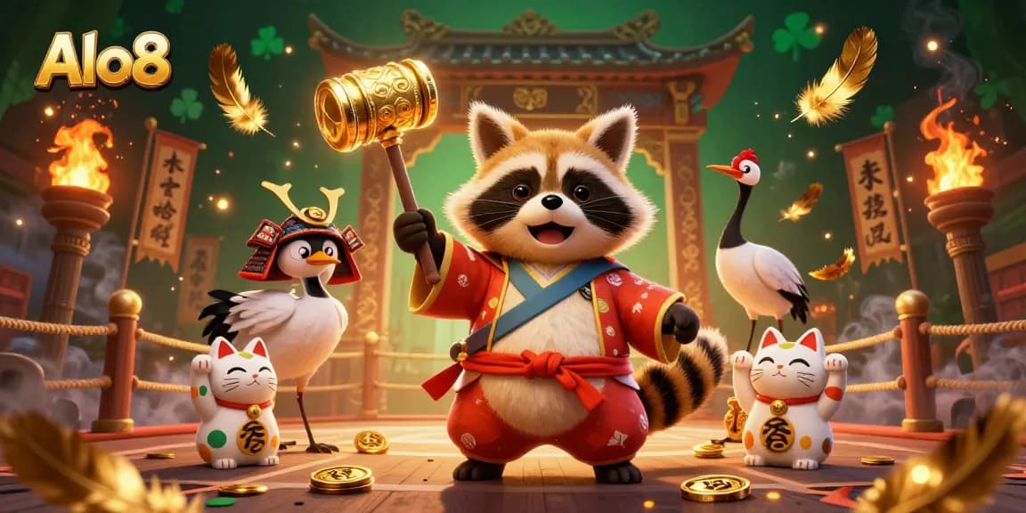 Alo8's vibrant casino scene features a cheerful tanuki in traditional attire surrounded by fortune cats and dynamic gaming elements.
