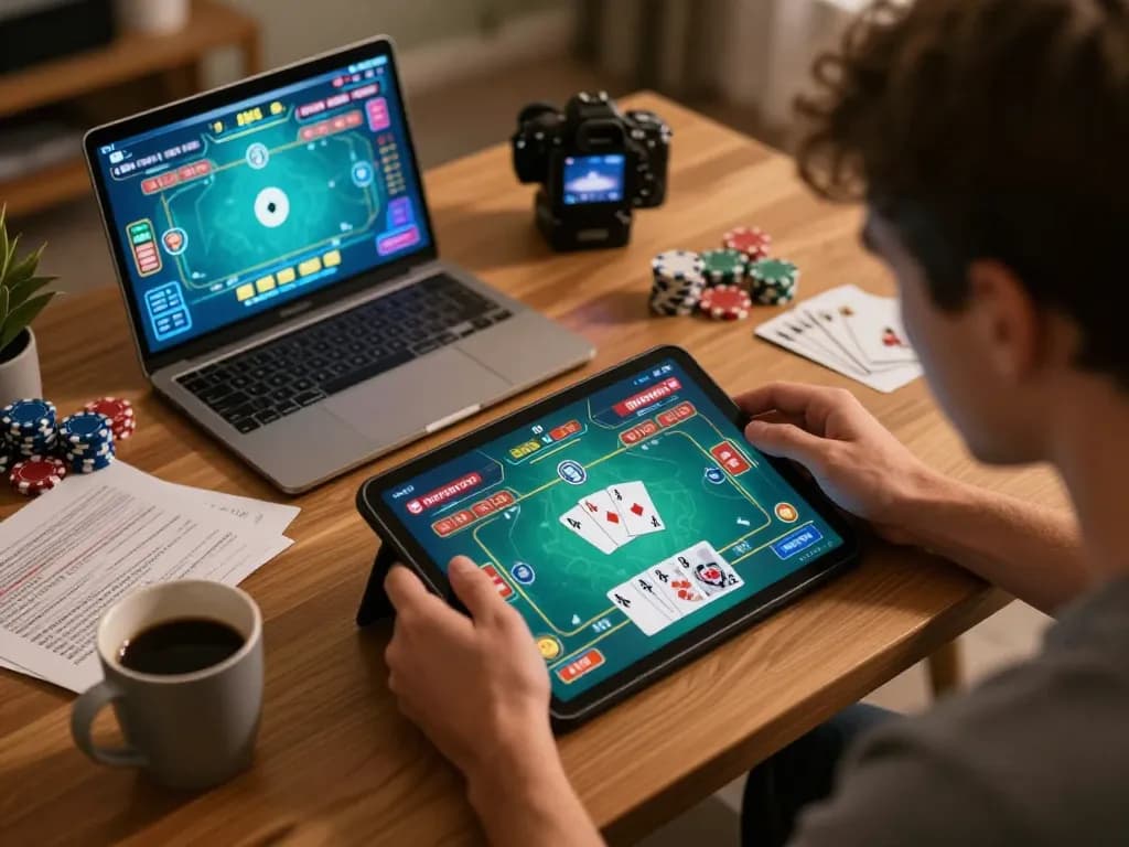 Player enjoys engaging online poker experience with ga6789 app in cozy home setting, highlighting strategic gameplay.